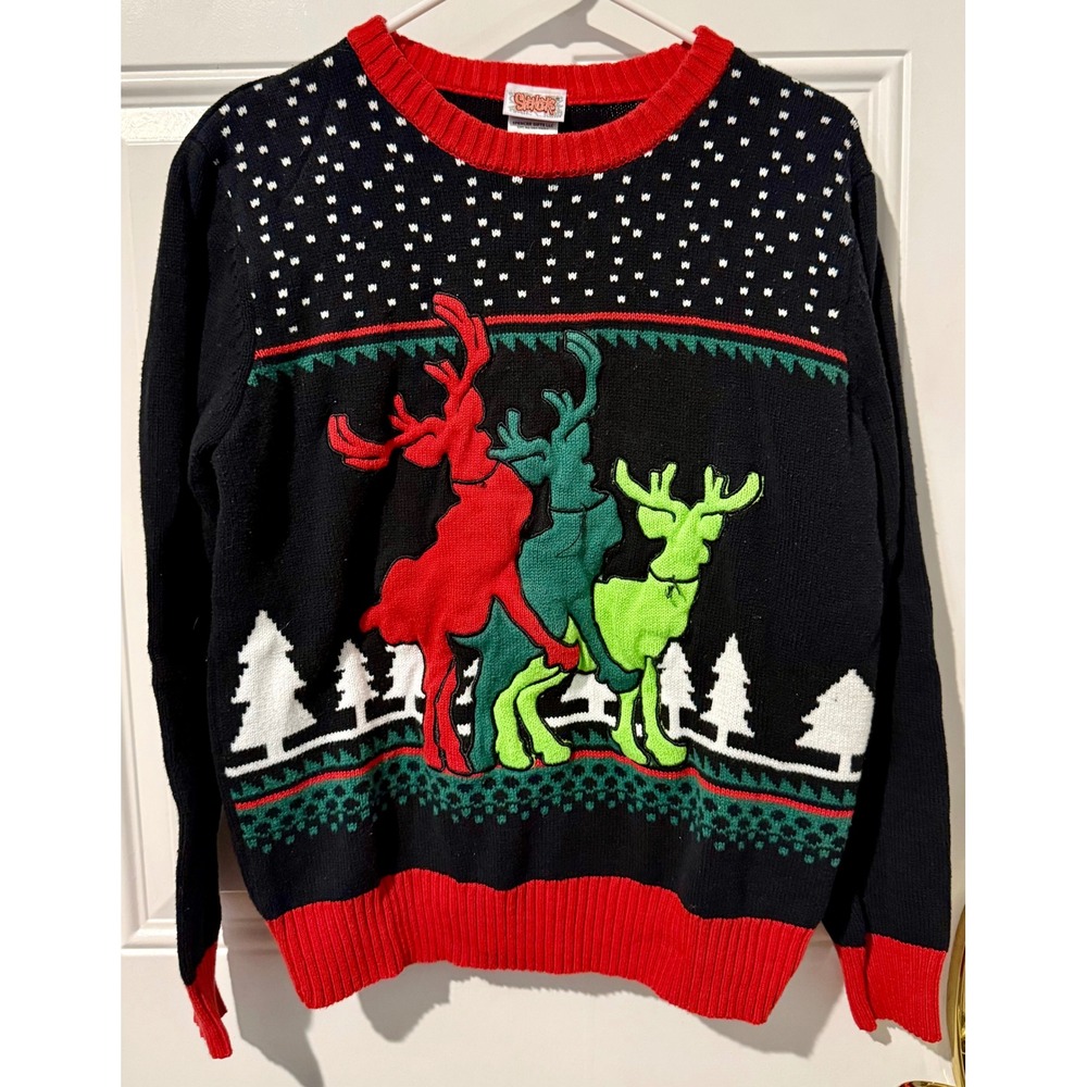 Spencer's Reindeer Christmas Sweater Large Excellent Humorous Festive Black Red